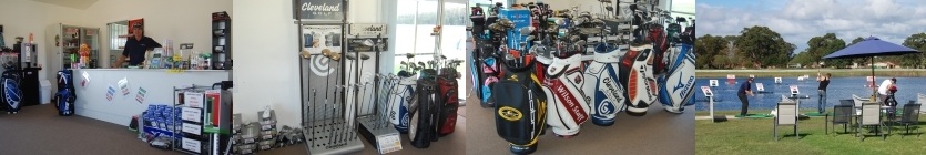 Main Page Image Collage Consisting Of The Proprieter Behing The Sales Counter, Golf Club Display Stand Inside The Shop, Golf Bags And Equipment Inside The Shop And People Playing Water Golf
